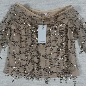 Sequin Mesh Sheer Crop Top Nude Gold Long Sleeve Party Festival Women's L NWT